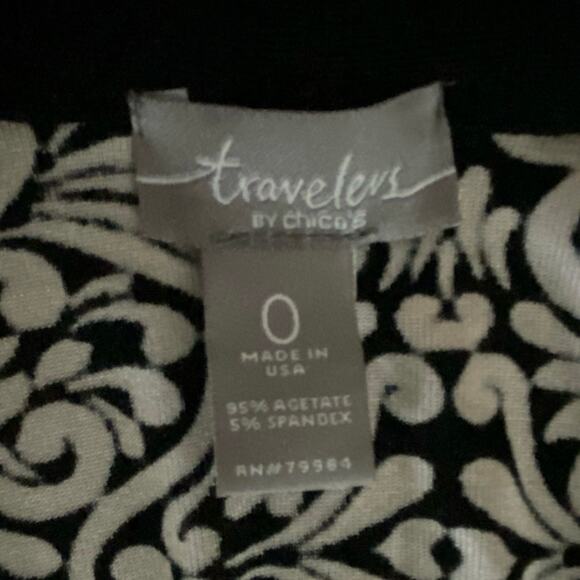 Chicos Travelers Size 0 US S Open Front Jacket Cardigan Slinky Black Cream Print - Picture 3 of 4